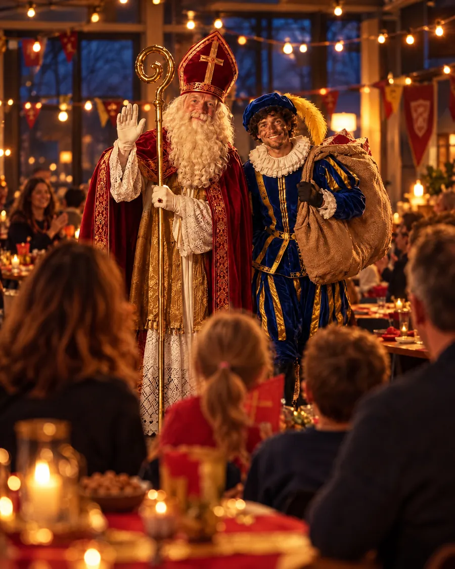 Sinterklaas zwaait bij binnenkomst op een feest in een versierde kantine