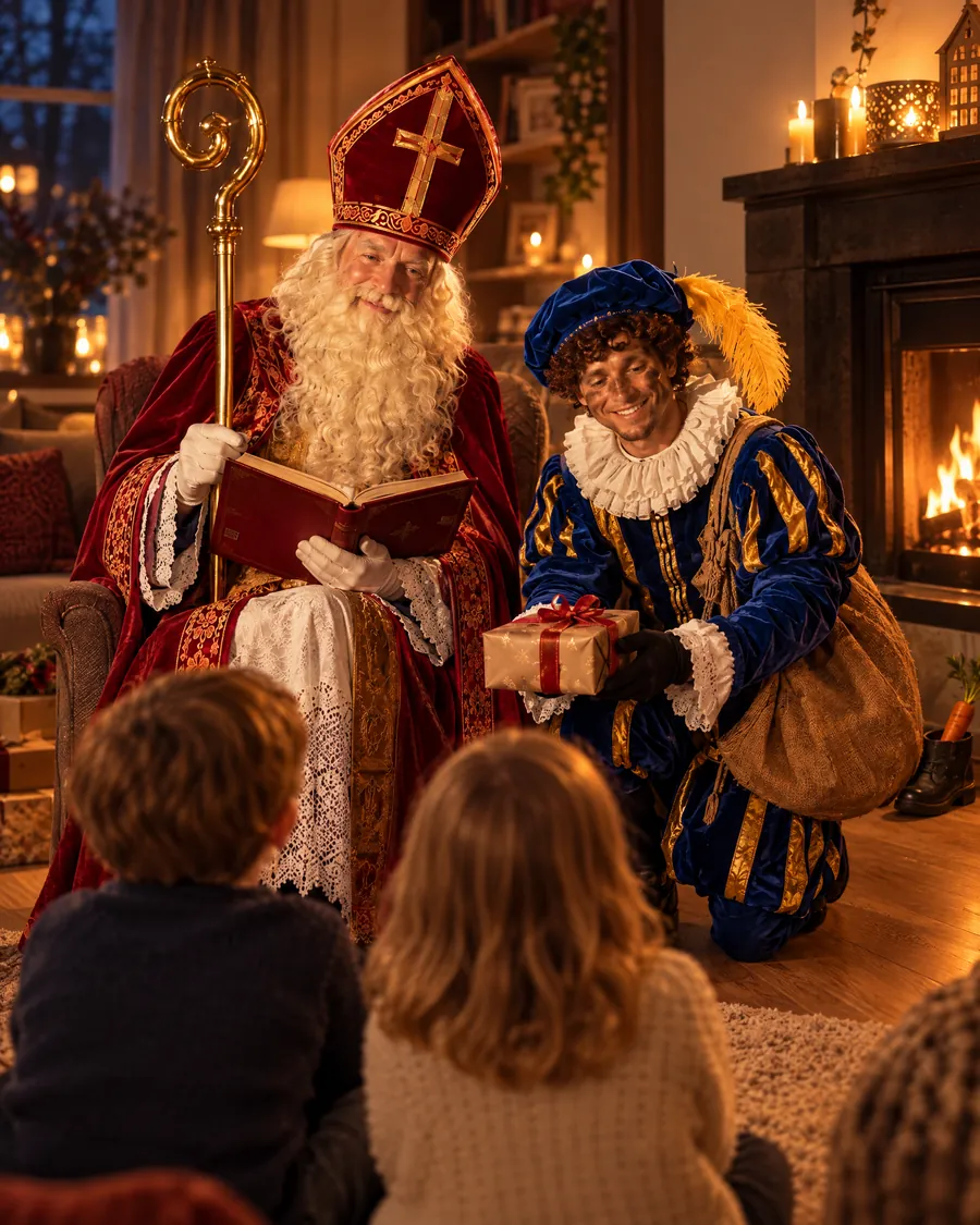Sinterklaas leest voor uit zijn grote boek in een woonkamer, Piet geeft een cadeautje