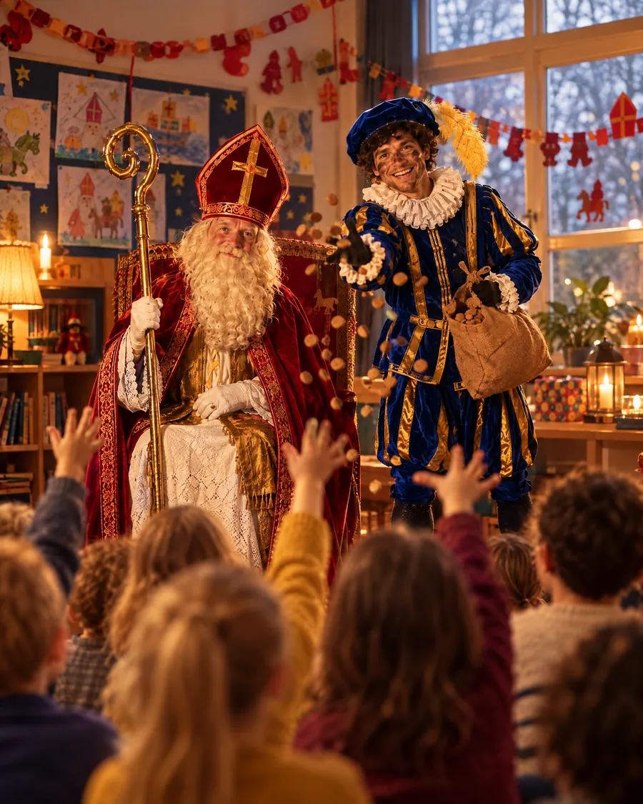 Sinterklaas en Piet in een versierd klaslokaal, kinderen steken hun vinger op